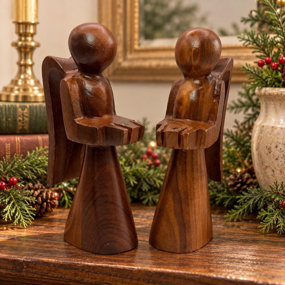 Vintage Wooden Angel Figurines Pair Hand Carved Wood Christmas Folk Art Decor